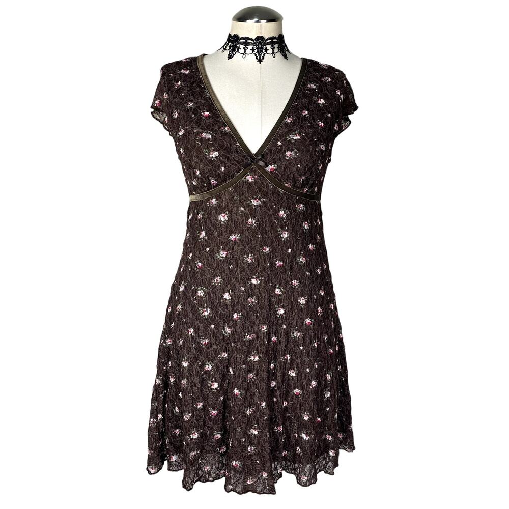 Cute Brown Pink Floral Lace Bow Babydoll Cap Sleeve Lace Coquette Cottage Dress